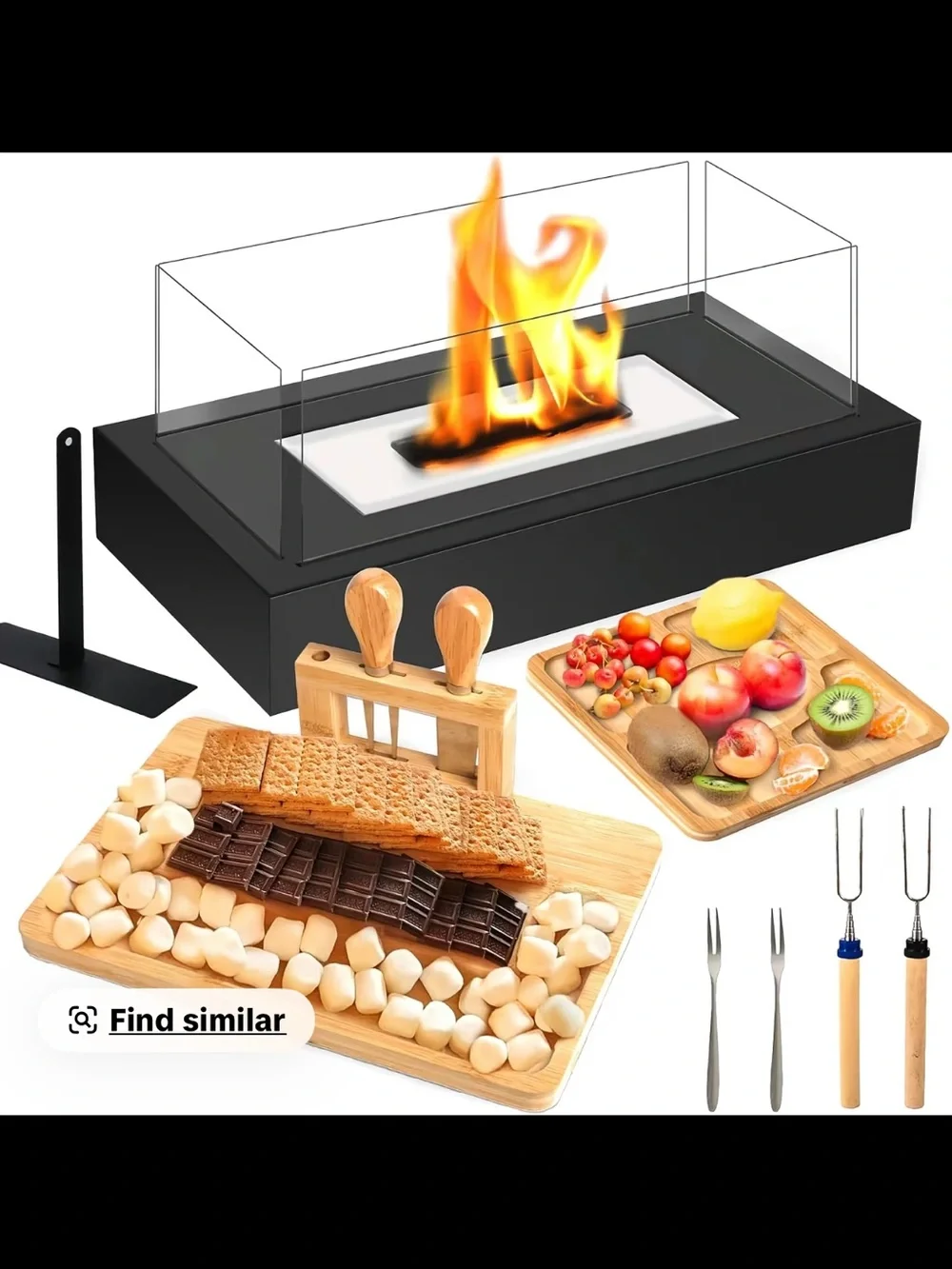 Black Tabletop Firepit with Bamboo Dessert & Fruit Boards Set & utensils